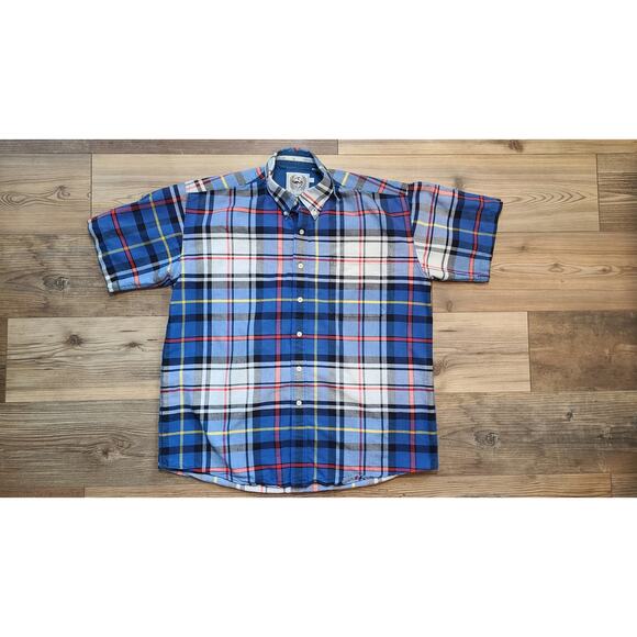 Cinch Button Down Tshirt Mens L Blue Red Plaid Short Sleeve Ranch Outdoor FLAW - Picture 1 of 9